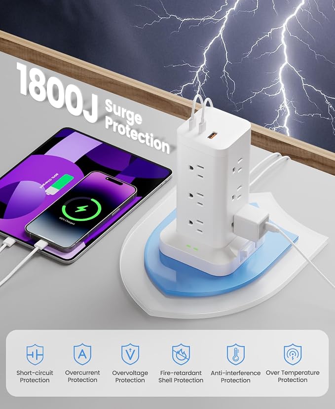 Power Strip Tower with Surge Protector 1800J, Fast Charging Tower PD20W USB-C Ports with 12 AC Outlets, Extension Cord for Home Office Dorm Room, 15ft, White