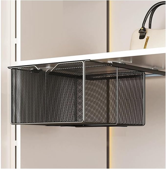 Pull Out Cabinet Storage Basket,Wardrobe Storage Organiser,Storage Under Shelf,No Punching Required,with 4 Hooks,for Kitchen Office Wardrobes Cupboard Storage(Black,33x29x17cm)