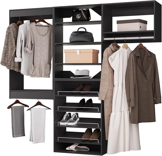 ROOMTEC Modular Closet System, 96" Wall Mounted Modern Closet Organizer with Hanging Rods and Shoe Shelf, Wooden Tower for Walk-In Closets, Wardrobe Storage Kit, Black