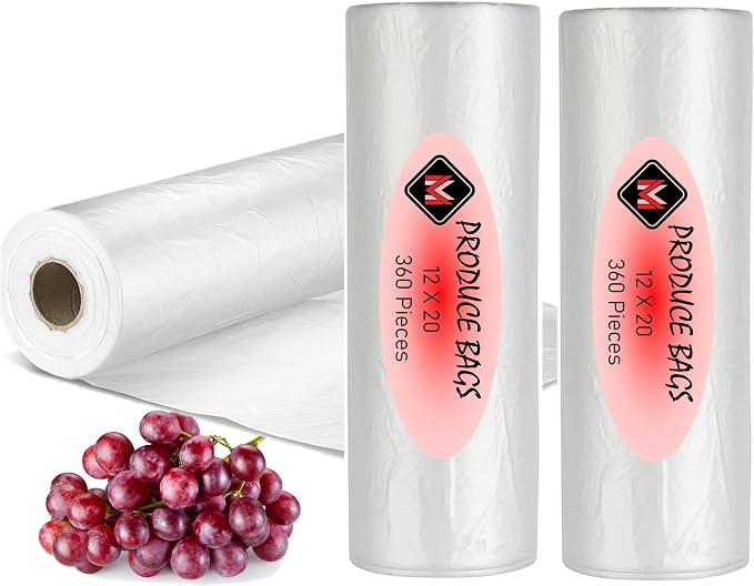 Plastic Produce Bags for Food Storage - 12"x20" Clear Grocery Bag for Fruits, Vegetables, Bread - Easy Peel-Off Design, Continuous Roll, 1.75" Core, Pack of 720 Bags [2 rolls]