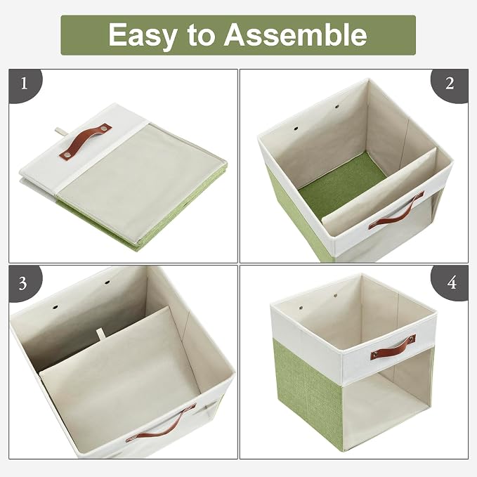 Bagnizer Storage Cubes, 4 Pack Linen Foldable Storage Bins with Clear Window and 2 Handles, 13x15x13 for Shelf Closet, Kallax, Clothes, Books - Green/Off-White
