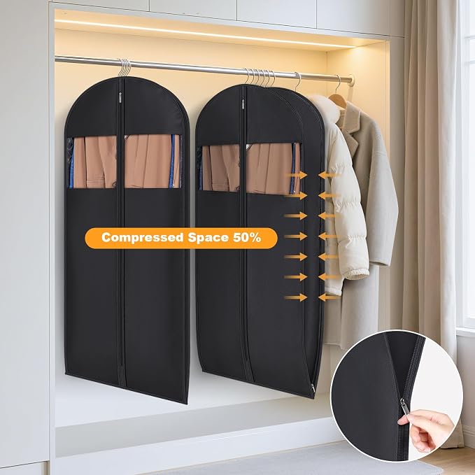 Syeeiex 54'' Garment Bags for Hanging Clothes with 8'' Gussets,Space Saving Hanging Garment Bag with Self Compression Zipper - Save 50% Space-Can Hold 6 Down Coats,8 Fur & Winter Coats,20 Shirts(2PCS)