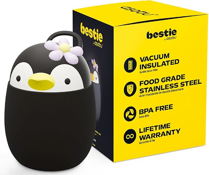asobu Bestie Foodie Kids Insulated Food Jar – Cute Character Lunch Container for Children, BPA-Free Stainless Steel, Leakproof & Vacuum Sealed, Keeps Food Hot or Cold, Easy to Clean, 16oz