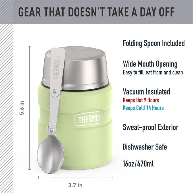 THERMOS Stainless King Vacuum-Insulated Food Jar with Spoon, 16 Ounce, Matte Green
