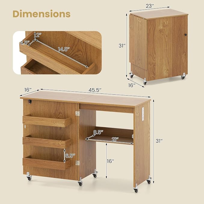 Giantex Folding Sewing Table with Charging Station, Storage Trays & Shelf | Rolling Craft Table with Lockable Wheels, Foldable Sewing Machine Cabinet Desk for Small Spaces, Dorms, Natural