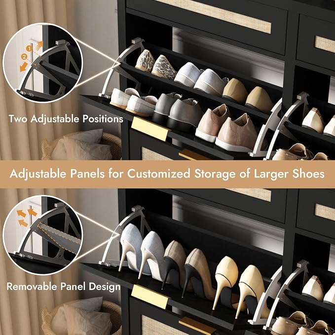 HOKYHOKY Large Rattan Shoe Storage Cabinet with 4 Flip Drawers & 2 Storage Drawers – Hidden Slim Shoe Organizer for Entryway, Large Tabletop Space, Farmhouse Boho Narrow Shoe Rack, Rustic Black