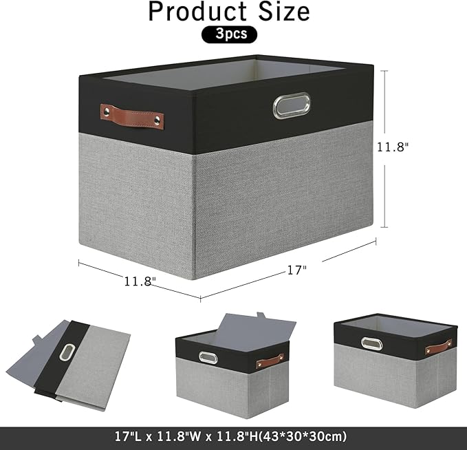 Bagnizer Large Collapsible Fabric Storage Bins with 3 Handles, Foldable Organizer Baskets for Closet, Shelves, Living Room | 3 Pack, Durable PU & Metal Handles (17"x11.8"x11.8", Black & Gray)