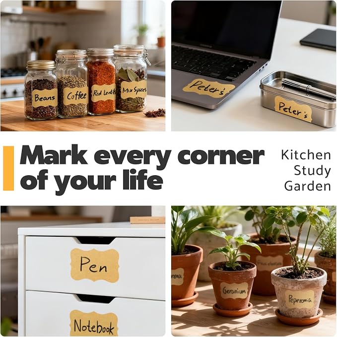 JIEHENG 180Pcs Chalkboard Labels for Jars, Waterproof Reusable Blackboard Stickers with 2 Liquid Chalk Markers, Organization Labels Removable (Brown, Wavy)