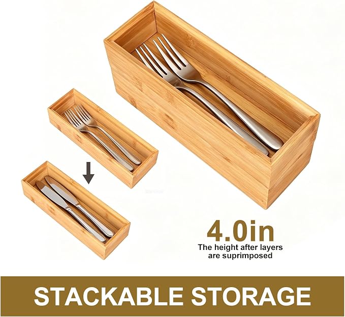 Bamboo Drawer Organizer Set of 2 for Kitchen Drawers, Small Stackable Drawer Organizer for Silverware, Utensils, Cutlery, Flatware, Junk Drawer, Dresser, Bathroom, 9" x 3" x 2"