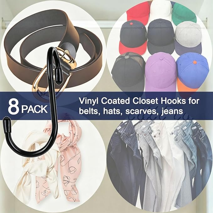 HiGift 8 Pack Purse Hanger for Closet, Vinyl Coated Unique Twist Design Black Bag Hanger Hooks, 5 Inch Large Closet Rod Home Storage Hooks Purse Organizer for Hanging Handbags, Belts, Hat, Backpack