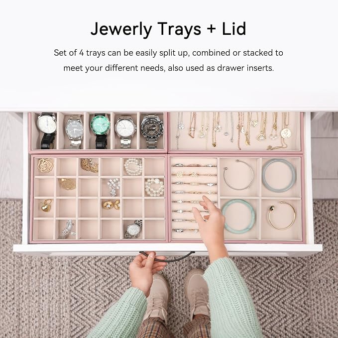 Voova Stackable Jewelry Organizer Tray with Lid, PU Leather Jewelry Storage Holder for Drawer Inserts, Jewellery Display Box Case for Earring Necklace Ring Watch Bracelet (Set of 4, Rose Gold)