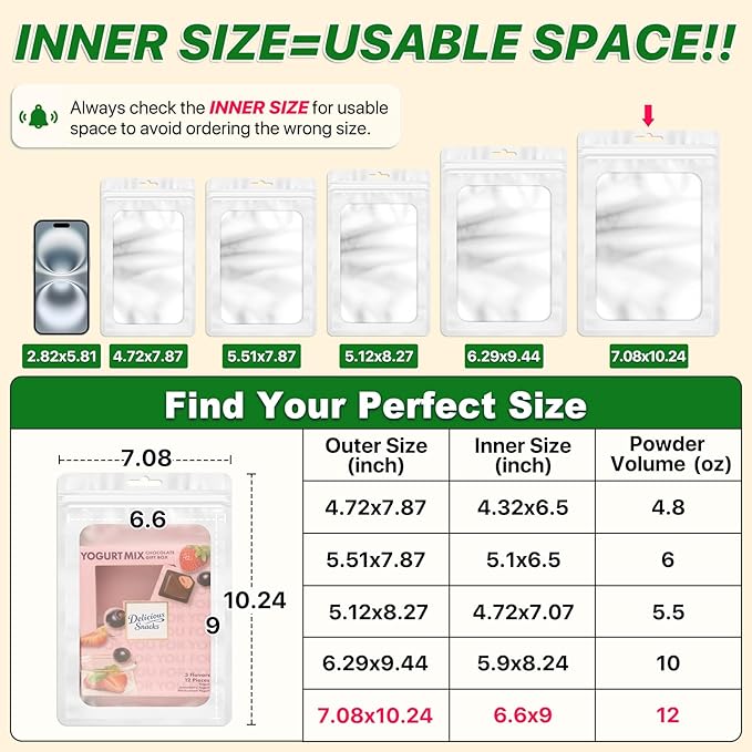 ANZNKU 100 PCS Resealable Mylar Bags with Frosted Clear Window Bags Packaging Bag Foil Pouch Zipper Bag for Food Self Sealing Storage Supplies (7.08x10.24, White)