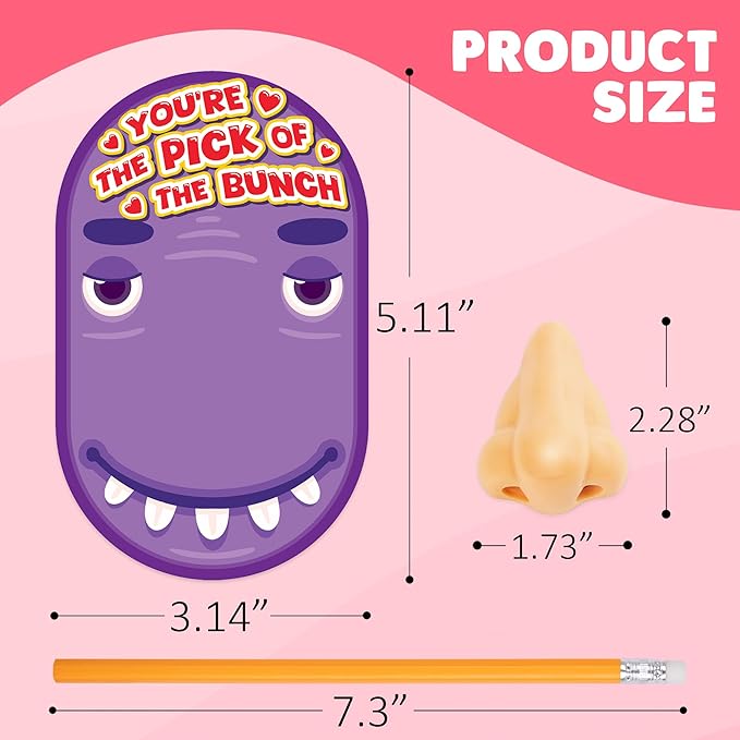 ArtCreativity Funny Nose Pencil Sharpener with Valentines Cards - Set of 28 - Classroom Novelty Gag Prize with 28 Pencils, Glue, I Pick You Nose Designs - Kids Birthday Party Favor and Art Supplies