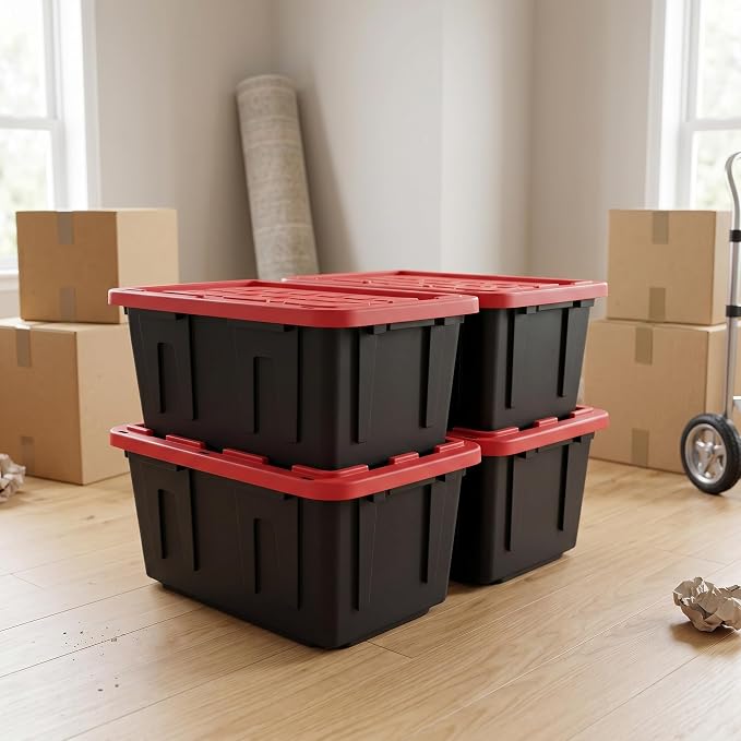 4Pcs 27-gallon Plastic Storage Box, Sturdy and Durable with A Lockable Lid, Suitable for Outdoor, Garage, Basement and Indoor Item Organization, Stackable Storage Box, Black Base and Red Lid