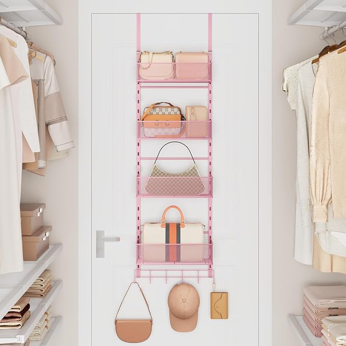 SWTYMIKI Over the Door Purse Organizer - Wall Mounted Purse Rack with 4 Adjustable Metal Basket and 6 Hooks, Hanging Bag Rack for Handbag Organizer, Bag Storage Can Use As 1/2 Part, for Door, Closet