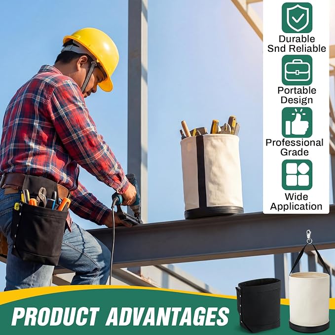 2 Pcs Lineman Canvas Tool Bucket Set Heavy Duty Canvas Bucket and Black Nut Bolt Bag Electrician Aerial Work Tool Organizer for Roofers, Solar Installers, Construction Workers