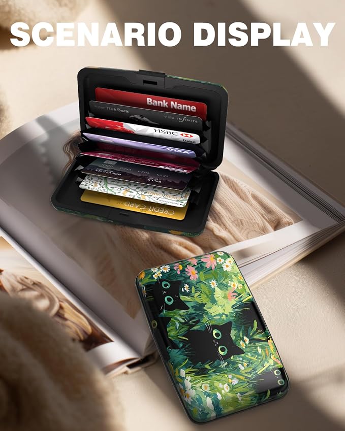 Maicican Credit Card Holder, Mini RFID Blocking Aluminum Wallet | Slim Metal Hard Case Travel Wallet ID Case for Women and Men, 4.3 x 2.9 Inches, Grassland and Cats