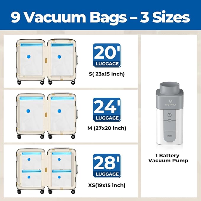 ETENWOLF Vacuum Storage Bags for Travel with Rechargeable Wireless Pump, Vacuum Seal Bags for Clothes and Travel, Space Saver Bags in Carry-On Sizes, Perfect for Luggage and Suitcases, 9 Combo