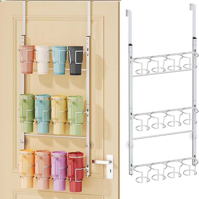SWTYMIKI 3-Tier Water Bottle Organizer – Over the Door Stanley Cup Holder, Cup Organizer for Door or Wall Mount Option, Stanley Accessories for Pantry, Dorm, Office, RV Use, Silver