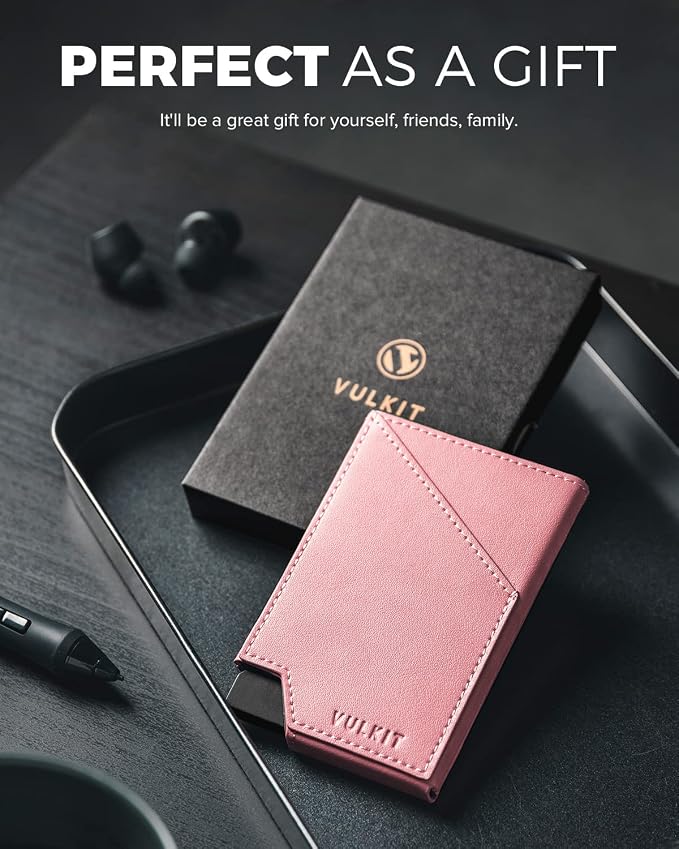 VULKIT Pop up Card Wallet RFID Blocking Slim Aluminum Metal Bank Card Holder Case with Business Money Pocket for Credit Cards Notes and Coins (Pink)