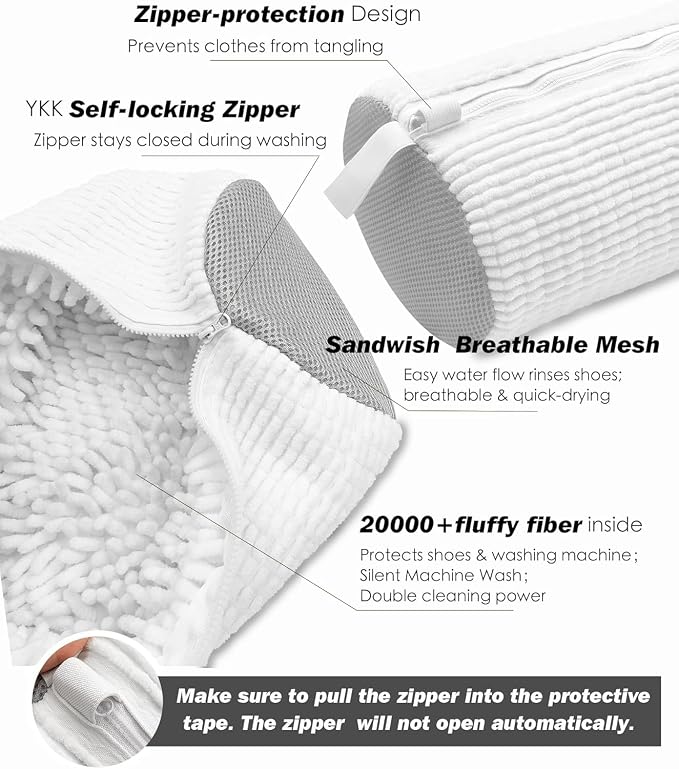 Shoe Washing Machine Bag,Laundry Shoe Bag for Washer and Dryer,Reusable Shoe Cleaning Bag for Sneakers,Tennis Shoes,With Self-locking Zipper, Microfiber Inside,Include Shoe Bag (Lite White - 1 Pack)