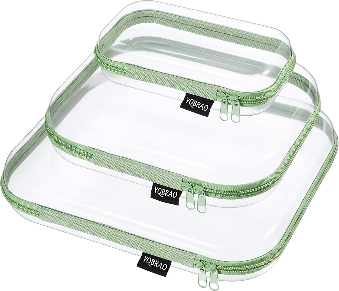 YQBRAO Clear Hard Shell Organizer Cases, 3-Pack, Green | Large, medium & small rigid PET organizers for home, travel, crafts and everyday organization