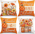 GEEORY Fall Throw Pillow Covers 20x20 Inch Set of 4, Pumpkins Floral Mason Jars Happy Fall Y'all Thankful & Blessed Orange Autumn Seasonal Decorative Farmhouse Decoration for Home G552-20