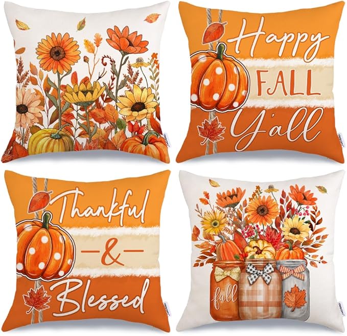 GEEORY Fall Throw Pillow Covers 20x20 Inch Set of 4, Pumpkins Floral Mason Jars Happy Fall Y'all Thankful & Blessed Orange Autumn Seasonal Decorative Farmhouse Decoration for Home G552-20