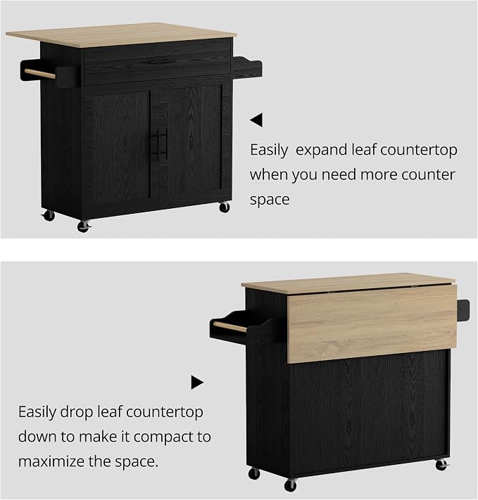 IRONCK Rolling Kitchen Island Cart with Drop-Leaf and Wine Rack, Black | Wheels, Drawers, Open Shelves, Adjustable Shelves, and Spacious Drawer Storage