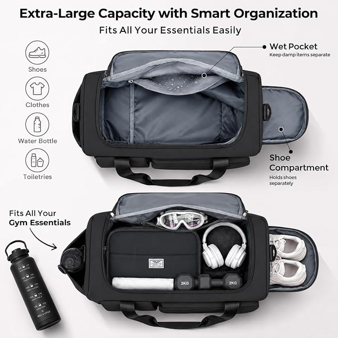 FIORETTO Women's Gym Duffle Bag with Shoes Compartment, 30L Capacity, Ideal for Travel, Gym, Sports, Duffel, Weekender