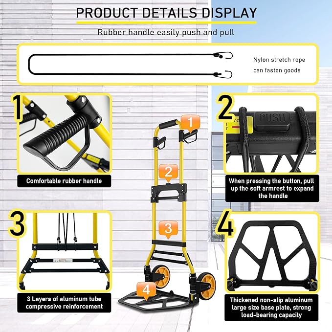 Folding Hand Truck and Dolly, 440lbs Capacity Portable Luggage Dolly Cart with Rubber Wheels and Retractable Handle, Aluminum Foldable Hand Cart for Transportation/Luggage/Mobile/Travel/Office Use