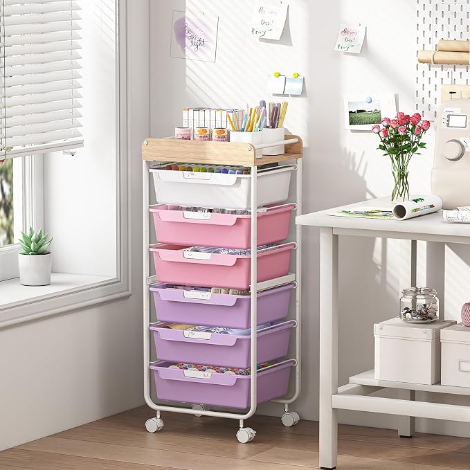 SYKIARIOL Rolling Cart with 6 Drawers,Utility Storage Cart with Drawers,Art Craft Organizers and Storage,Makeup Organizer with Wooden Tabletop,Purple