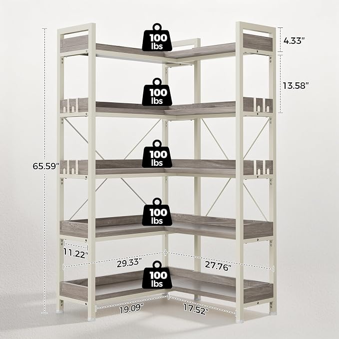 GTPLAYER 5-Tier Corner Bookshelf, L-Shaped Metal Frame Shelf with Tall 14" Shelves, Plant Stand and Storage Rack for Small Spaces, Living Room and Home Office, Grey