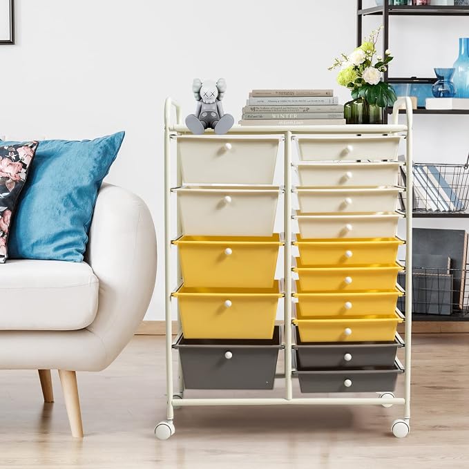 DREAMADE Rolling Cart with 15 Drawers, Lockable Wheels, Removable & 2-Sized Storage, Art Cart for School, Home, Crafts, Scrapbook (Yellow)