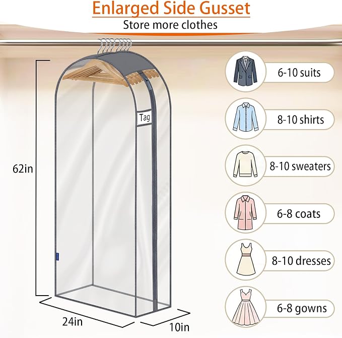 Clear Garment Bags for Hanging Clothes 10" Side Gusset, Suit Bags for Closet Storage, Suit Cover for Shirts Coats Dresses (24"X62"X10" 3Pack)