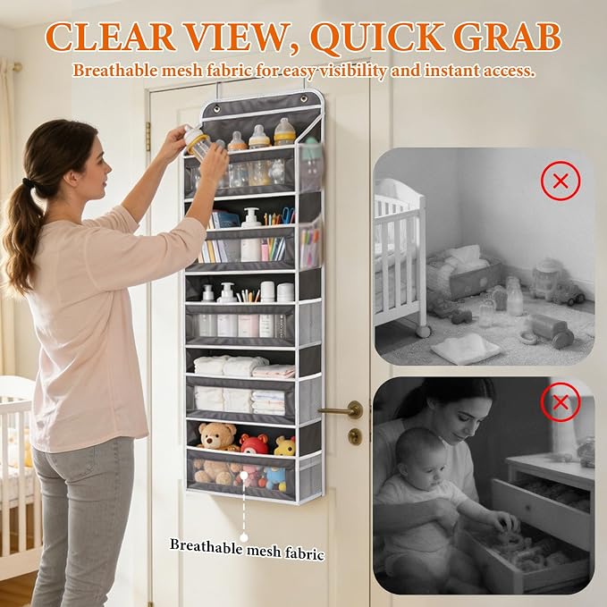 Over the Door Organizer 5-Tier, Heavy Duty Behind Door Storage, Anti-Tilt Capacity, Door Hanging Organizer with Clear Window for Closet, Bathroom, Nursery, Bedroom, Pantry, Shoe Diaper (Dark Gray)
