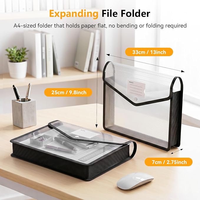 2 Pack Plastic Expanding File Folder, Black File Folder Organizer | Folders for Documents with Snap Closure, Transparent Accordion File Pouch, No Dividers, Large Capacity, Fit Letter/A4 Size
