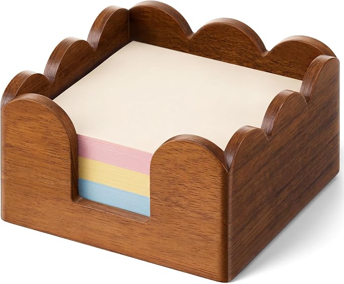AceOrbit Scalloped Wooden Sticky Note Holder, 3x3 Inch Cute Notepad Holder Sticky Note Dispenser with Wave Design, Thick Desk Organizer for Office, Home, Dorm, Classroom Desk