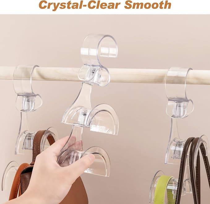 Clear Purse Hanger for Closet, 2 Pack Wardrobe Rod Vertical Hanging Handbag Organizer with 4 Holders, Keeps Bags Non-Crushed and Neatly Stored, Smooth Purse Storage Hooks, Easy Access