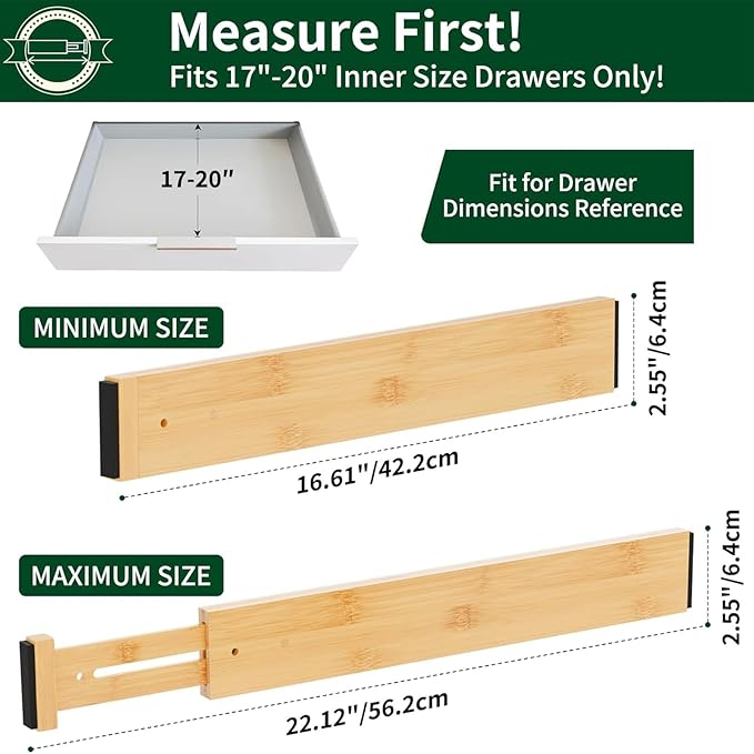Dunruz 6 Pack Bamboo Drawer Dividers 2.6" High,Adjustable Spring Loaded Clothes Drawer Organizers for Kitchen, Dresser, Bathroom, Bedroom and Office