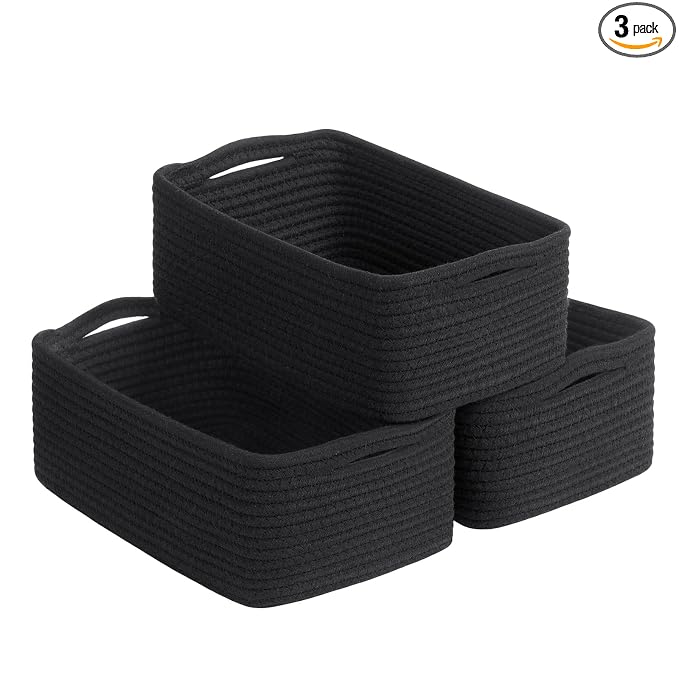 Goodpick Basket for Shelves, Black Baskets for Organizing Gift Basket, Woven Rope Storage for Shelves Closet Organizer Bins for Towels 3 Pack, Black, 11 x 7 x 4.5 in