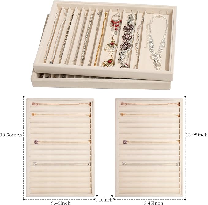2 Sets Large Jewelry Trays with Drawer Insert Velvet Jewelry Organizer Tray for Women, Jewelry Display Trays with 16 Grids