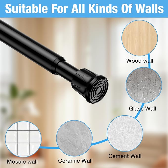 6 Pack Spring Tension Curtain Rods 27-38 Inches,5/8" Diameter Black Spring Load Adjustable Expandable,Small Short Tension Curtain Rod for Windows,Kitchen,Doorway,Bathroom,Cupboard Bars