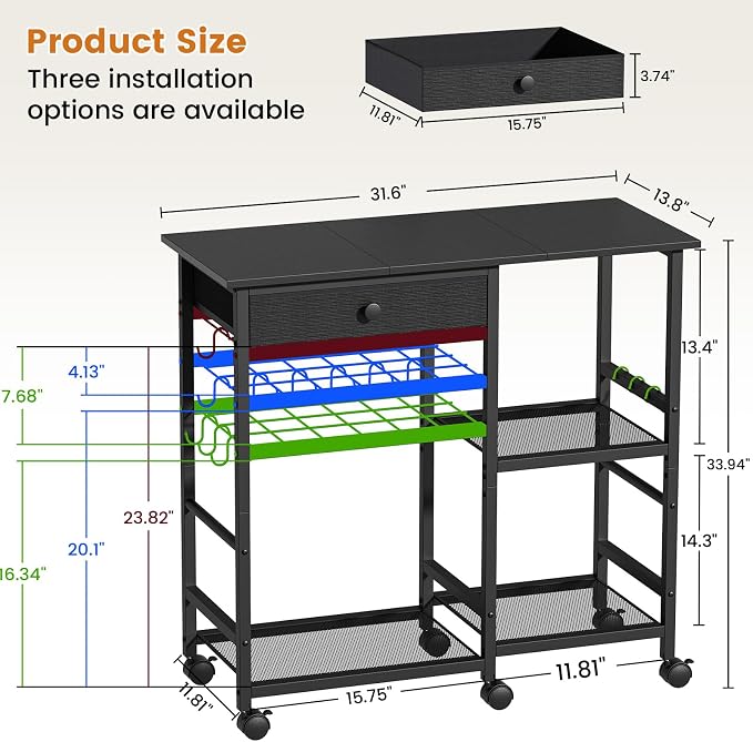 Microwave Cart, Microwave Stand with Wheels & Adjustable Shelf | Coffee Bar Table Station, 6-Tier Rolling Storage Cart Organizer Shelf for Living Room, Kitchen Island, Office, Black
