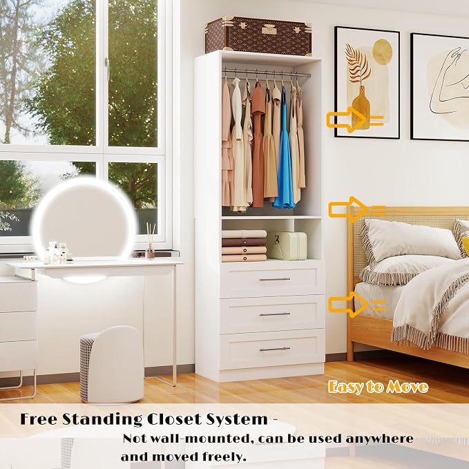 Closet System with 12 Drawers, 8FT-21FT Closet Organizer System Wooden Walk-in Closet Shelf Corner Small Closets Storage System with 8 Hanging Rods Modular Freestanding White, 3Sets