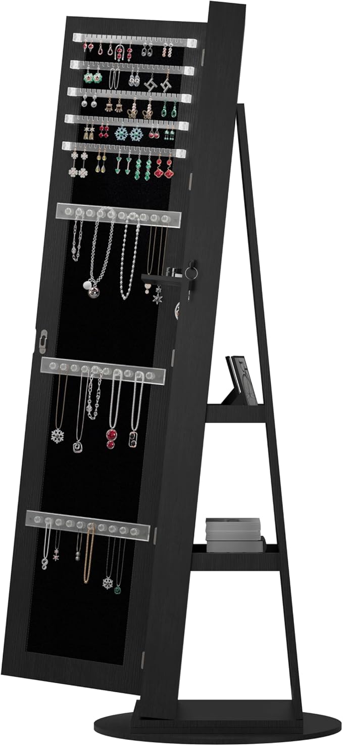 62" 360° Swivel Freestanding Storage Chest, Jewelry Cabinets with Interior Light, Utility Organizer with Lockable Design for Home Dressing, Black