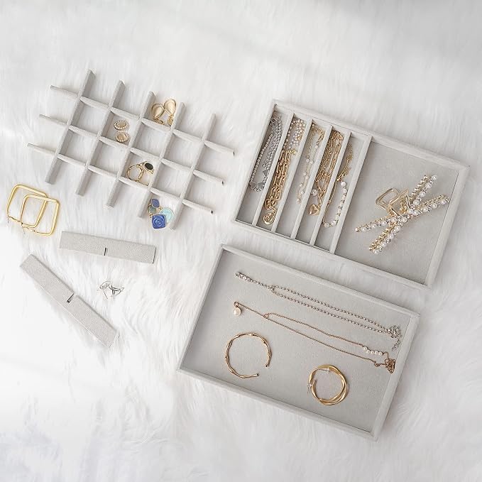 ProCase Stackable Jewelry Organizer Trays for Drawers, Jewelry Drawer Inserts Container Display Case Storage for Earring Necklace Rings Bracelet with Removable Dividers -Grey, 4 Layers