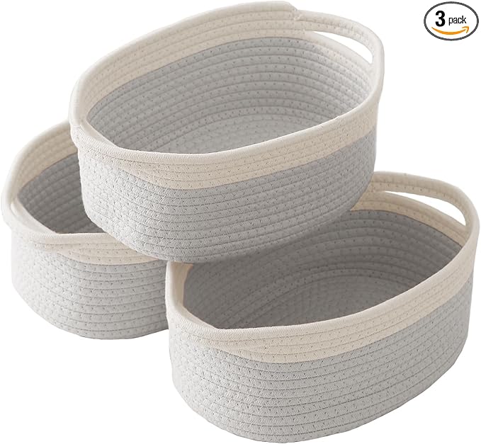 JMvicyroam Woven Basket,Small Rope Storage Bin with Handles & Ribbon Bag, Organizer for Shelves Closets,Gift Basket Empty for Birthday,Books,Dog Toys, White&Grey/3 Pack
