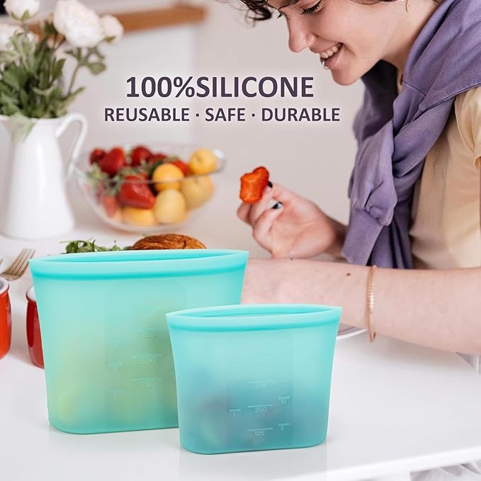 8-Pack Reusable Silicone Food Storage Bags, 100% Silicone Stand-Up Wide-Open Zip-Lock Reusable Storage Bags for Food, Freezer Microwave Oven Dishwasher Safe, Aqua, 4S 4XS