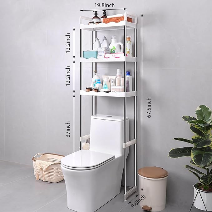 SIDIANBAN 3-Tier Over The Toilet Storage Shelf, Freestanding Bathroom Space Saver Organizer with 3 Hooks, Multipurpose Above Toilet Rack for Bathroom, Restroom, Laundry (3-Tier)